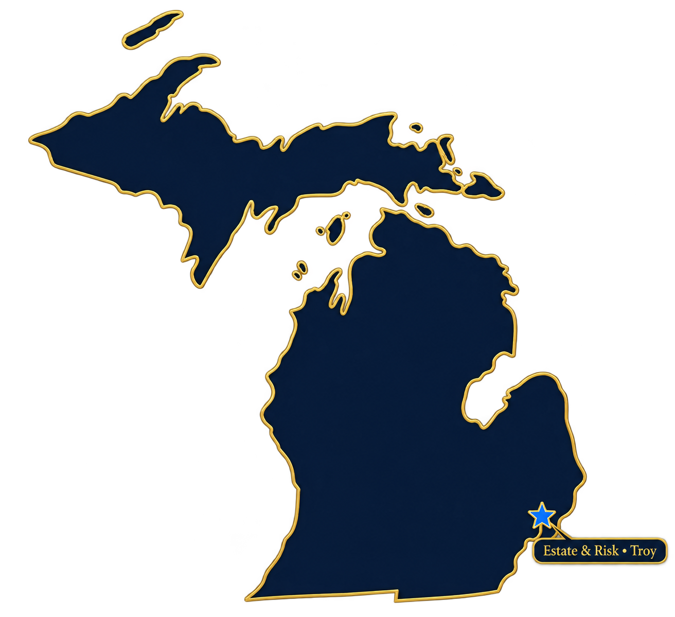 Michigan Upper and Lower Peninsulas with Estate & Risk Troy office marker